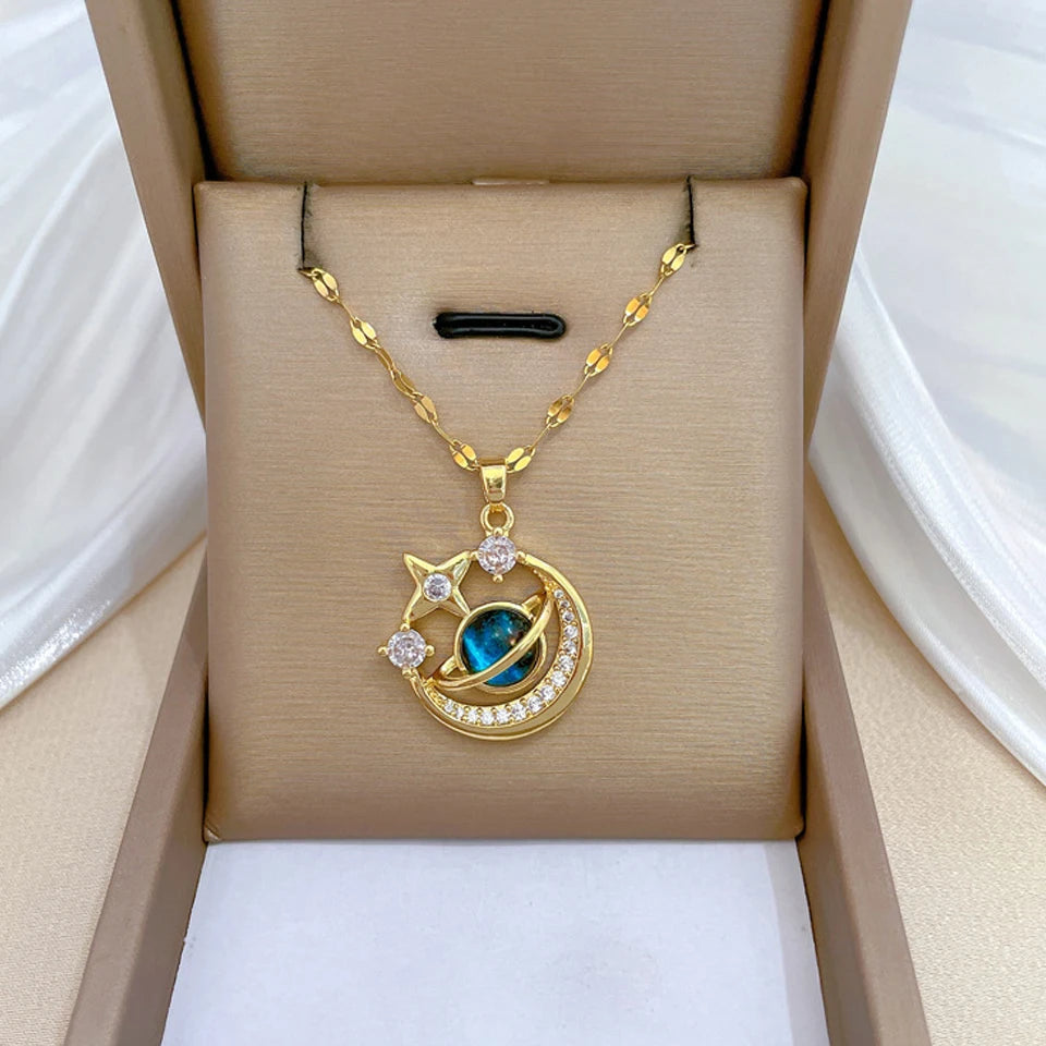 Shine Bright with Our Light Luxury Titanium Steel Star Series Necklace! πβ¨ Perfect Gold Planet Moon Astronaut Pendant for Every Woman! ππ