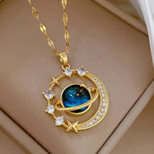 Shine Bright with Our Light Luxury Titanium Steel Star Series Necklace! 🌟✨ Perfect Gold Planet Moon Astronaut Pendant for Every Woman! 🎁💖 #JewelryGoals #GiftIdeas