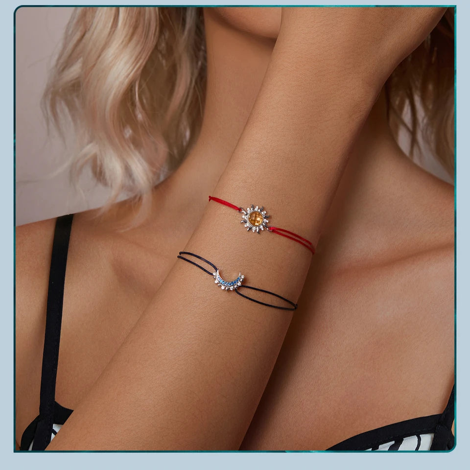 Sun and Moon Bracelet 925 Sterling Silver Moon Star Cresent Couples Bracelets for Women Girls Jewelry Gifts