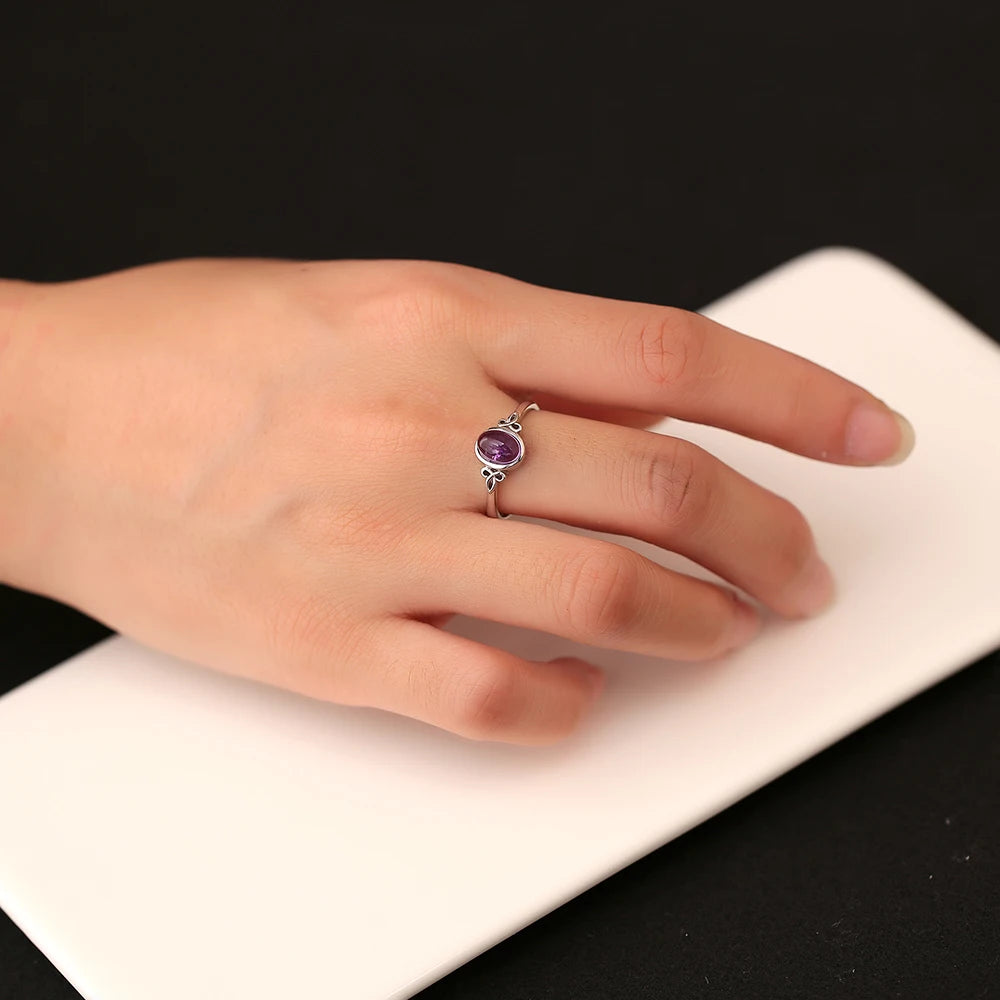 Natural Amethyst 925 Silver Ring for Women Adjustable Stackable Bands Birthstone Healing Crystal Jewelry Boho Gift for Lovers