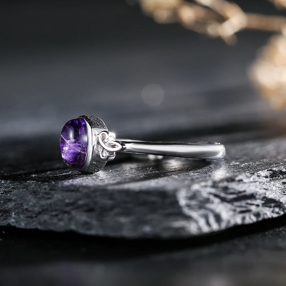 Natural Amethyst 925 Silver Ring for Women Adjustable Stackable Bands Birthstone Healing Crystal Jewelry Boho Gift for Lovers