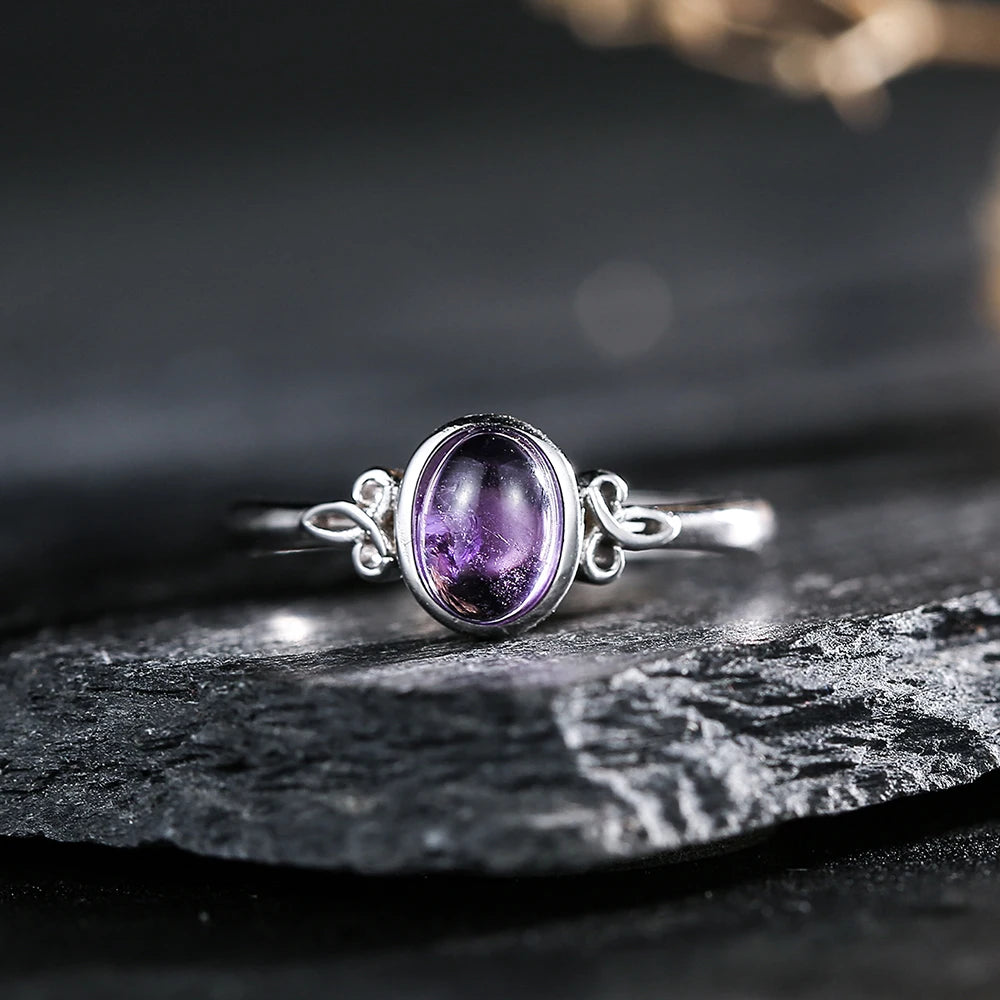 Natural Amethyst 925 Silver Ring for Women Adjustable Stackable Bands Birthstone Healing Crystal Jewelry Boho Gift for Lovers